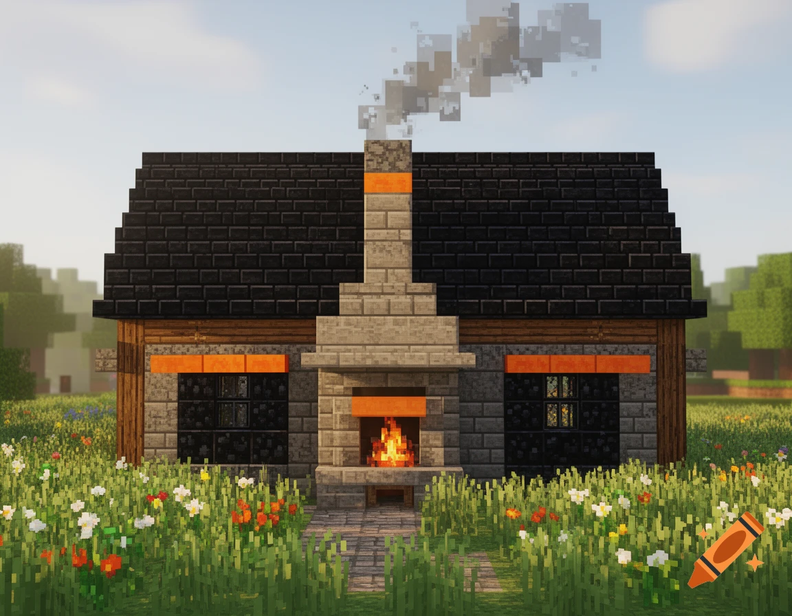 A blocky Minecraft-style blacksmith house with a dark roof, stone chimney, orange accents, and a fiery hearth, surrounded by wildflowers.
