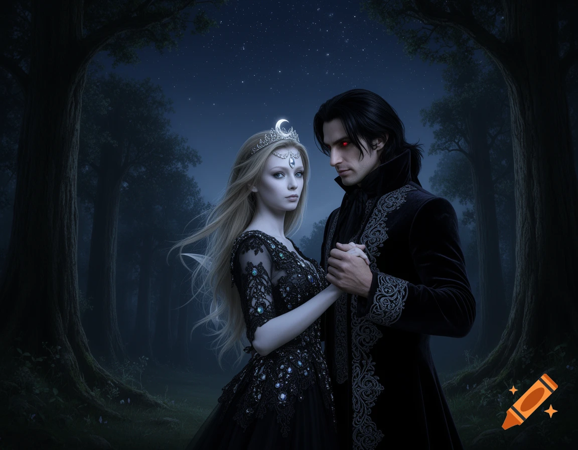 A pale-skinned fairy with a crescent moon tiara and an enchanting vampire count with red eyes hold hands in a dark, moonlit forest.