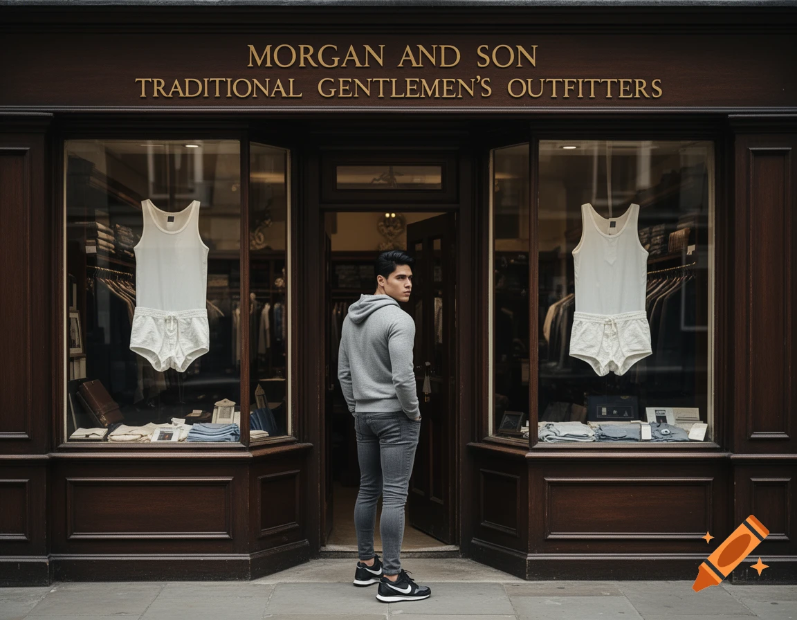 A man in a grey hoodie and jeans stands outside 'Morgan and Son, Traditional Gentlemen's Outfitters', looking at the window display with white singlets and underpants.