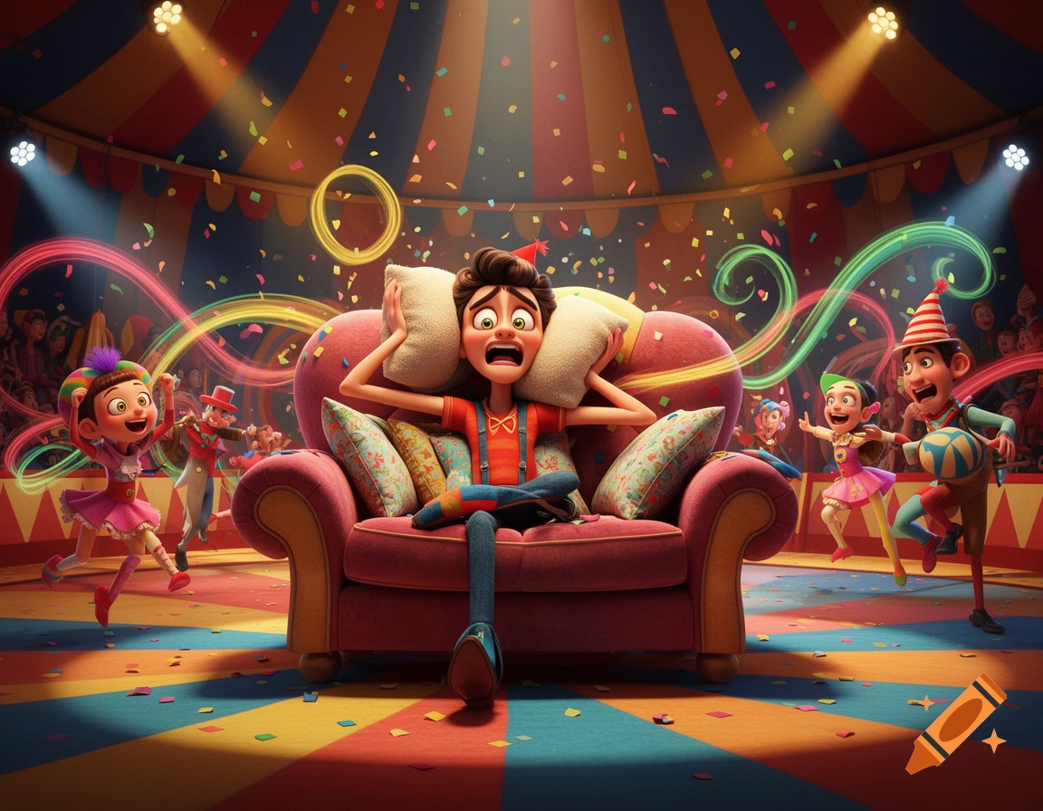 A 3D animated cartoon character, Jax, sits annoyed on a red couch, covering his ears with pillows in a vibrant circus tent filled with confetti and other happy characters.