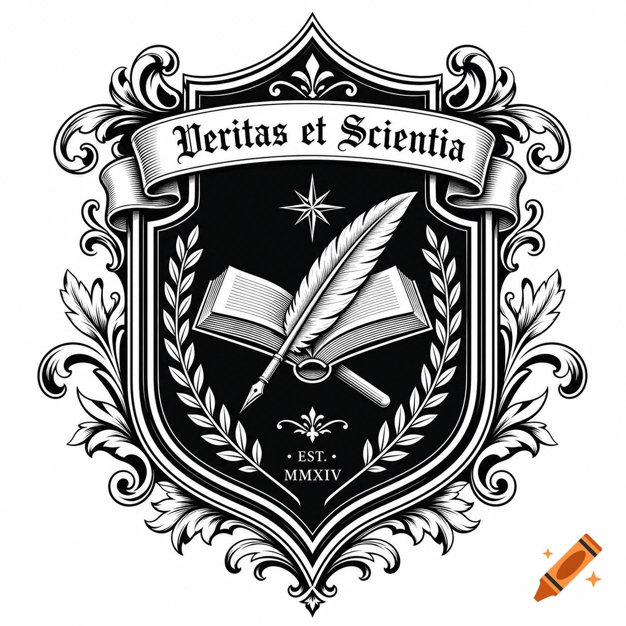 Black and white stylized school crest with an open book, quill, star, and 'Veritas et Scientia' on a banner.