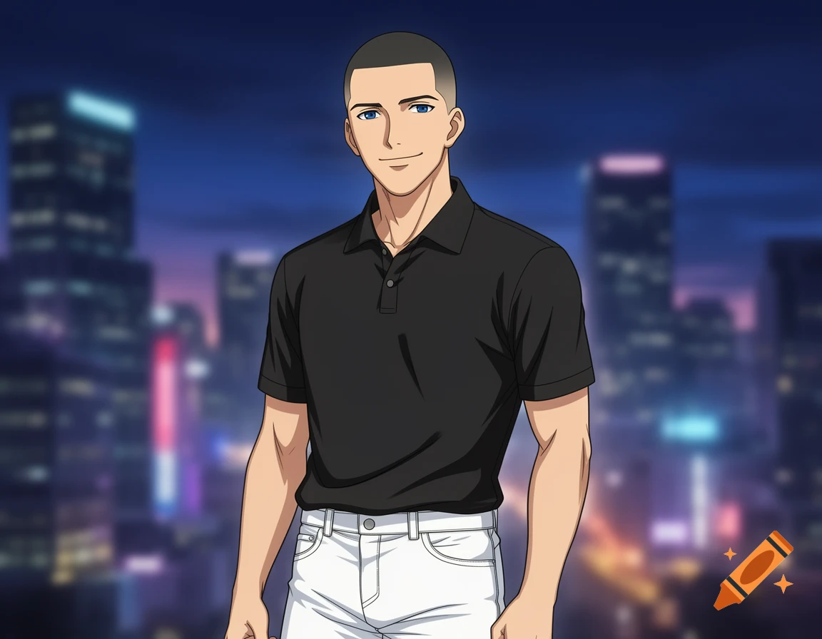 An anime man with a buzzcut, black polo shirt, and white jeans stands smiling against a blurred night city skyline.