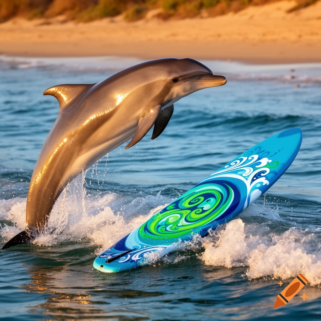 A dolphin leaps from the ocean next to a blue and green surfboard at sunset near a sandy beach.