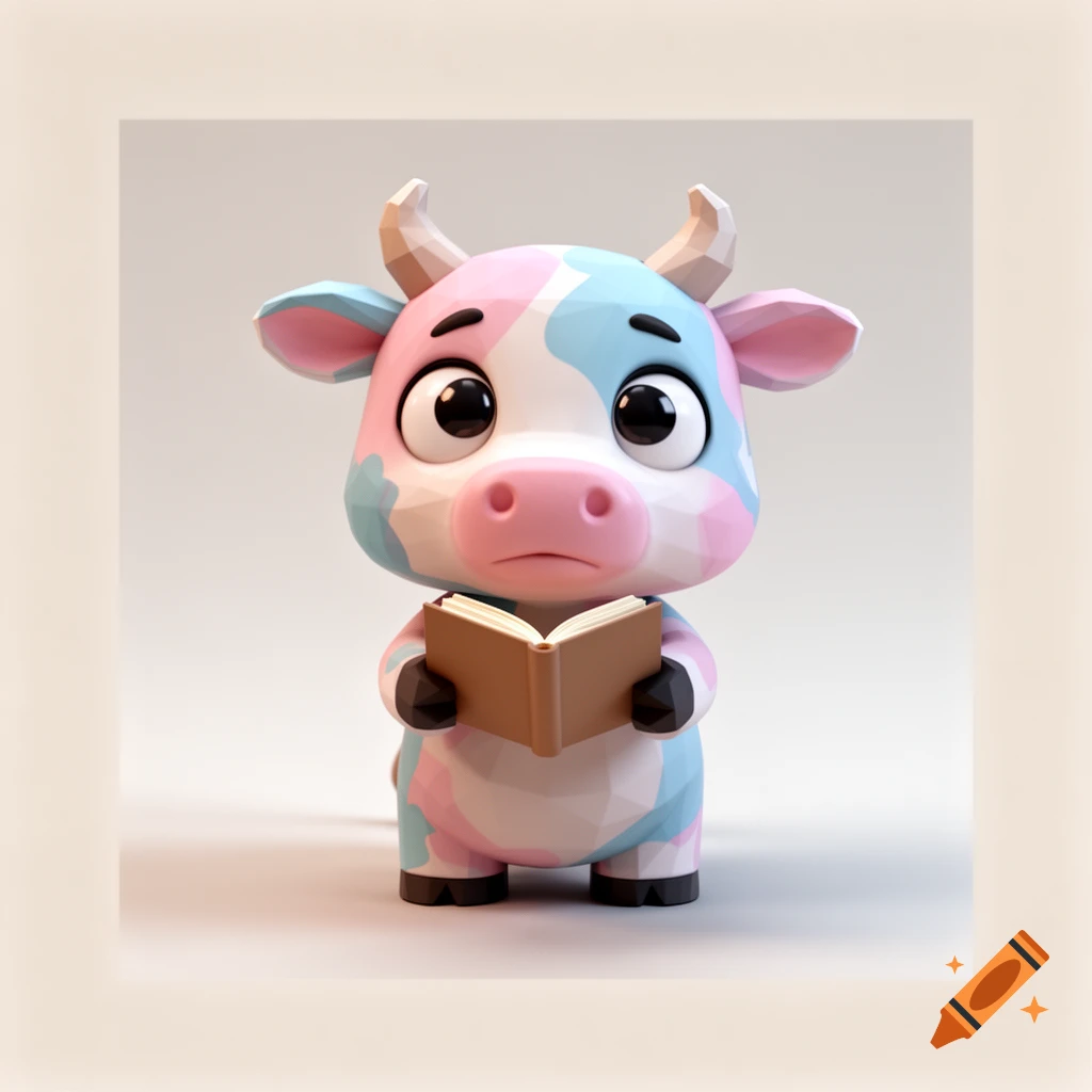 A tiny, cute 3D rendered cow toy, patterned in pink and blue pastel colors, stands holding and reading an open brown book.