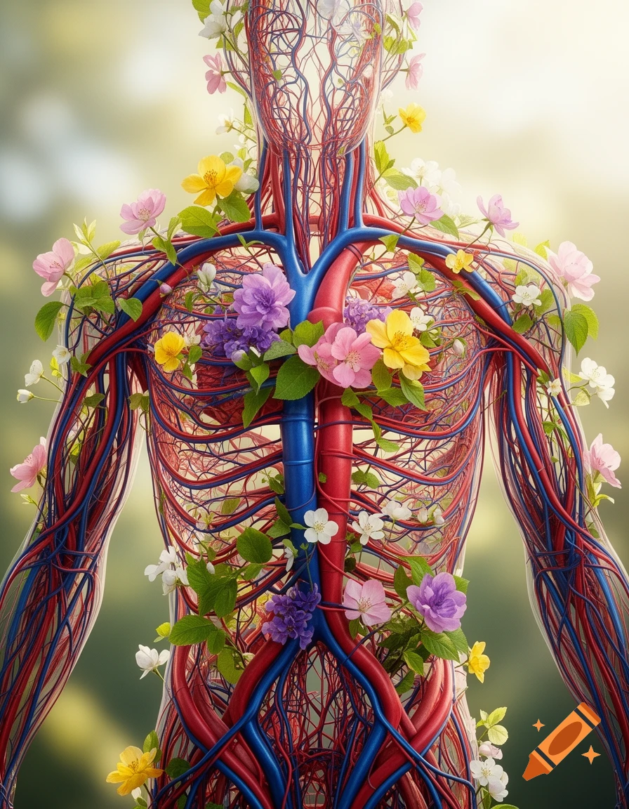 Close-up of a human's vascular system, featuring red arteries and blue veins, interwoven with vibrant colorful flowers and green leaves.