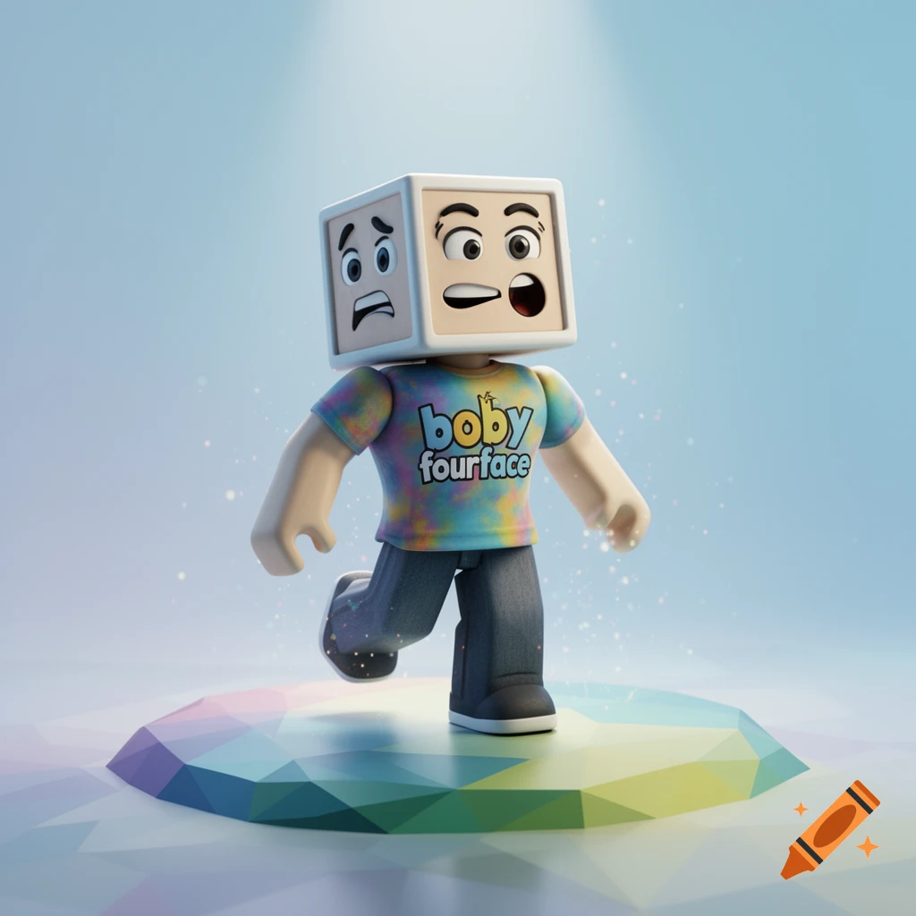 A 3D Roblox-style character with a two-faced block head and a 'boby fourface' tie-dye shirt, standing on a colorful faceted platform.