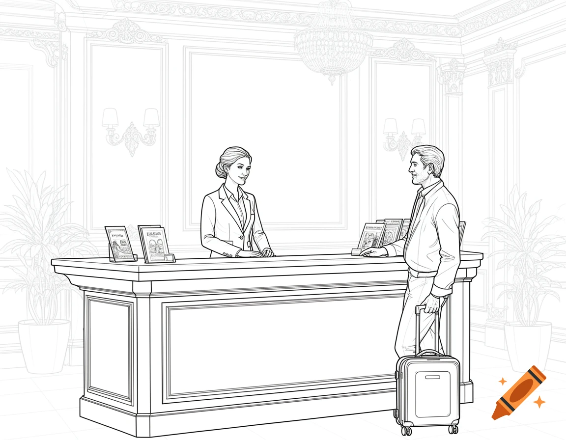 A receptionist smiles at a man with a suitcase at a hotel reception desk in a black and white line art style for coloring.