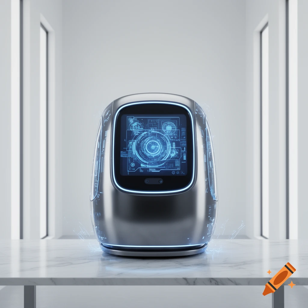 A photorealistic image of a sleek, silver, oval-shaped AI device with a glowing blue digital screen, on a marble table in a minimalist room.
