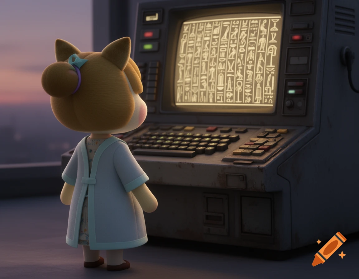 Isabelle from Animal Crossing in a light blue robe, seen from the back, looking at a vintage supercomputer display with glowing hieroglyphs.