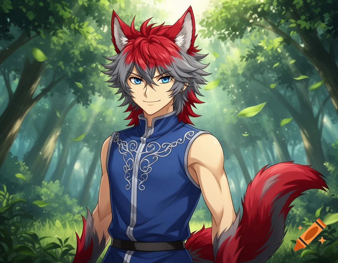 Anime boy with red and gray wolf ears and tail and blue eyes, smiling in a lush green forest.