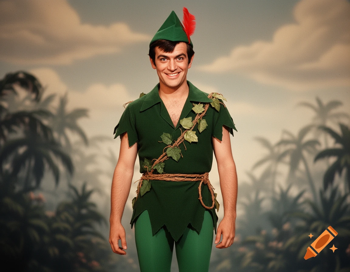 Smiling man in a green Peter Pan costume with a red feather hat and vine details, against a painted jungle backdrop.