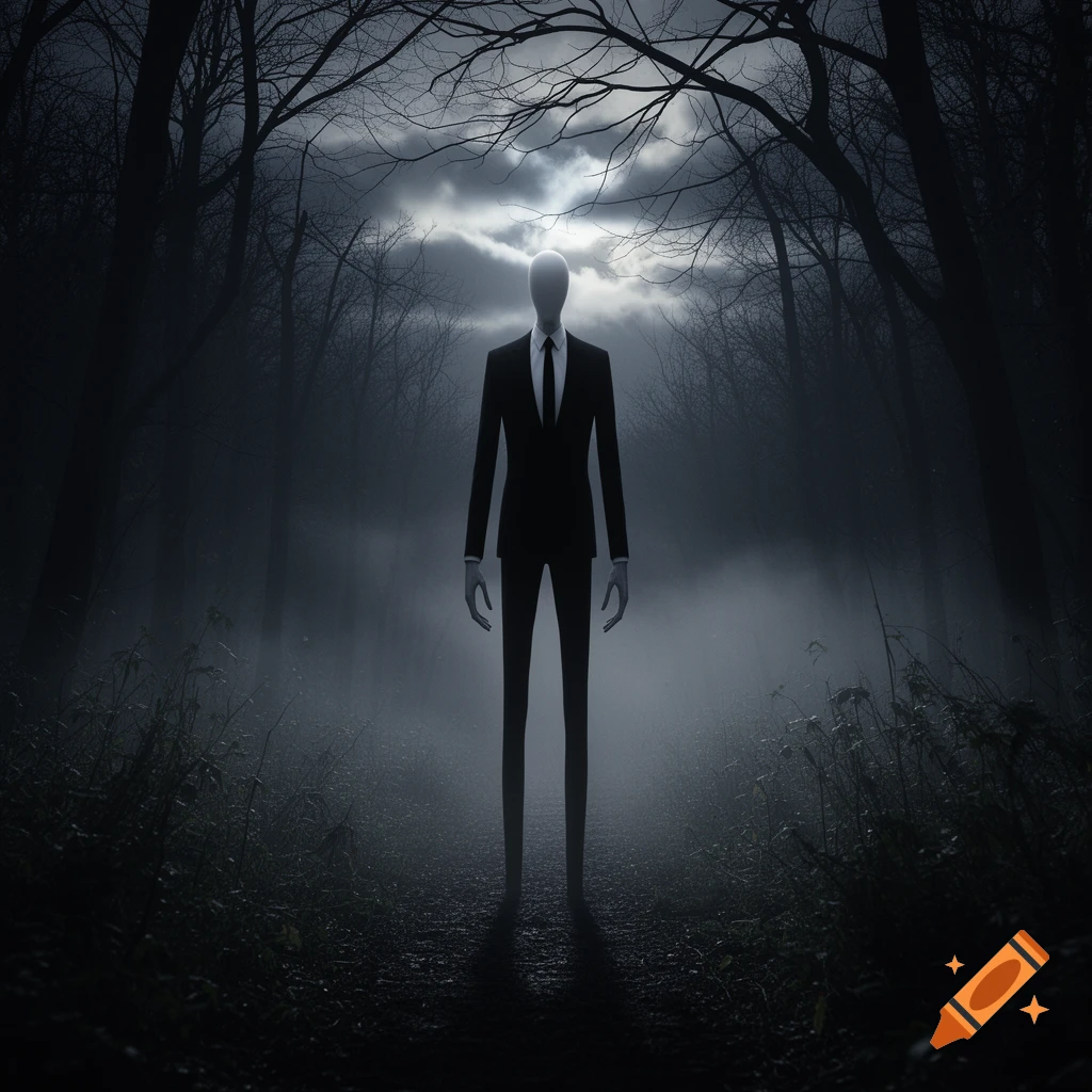 Photorealistic Slenderman standing in a dark, foggy forest under a cloudy, moonlit sky.