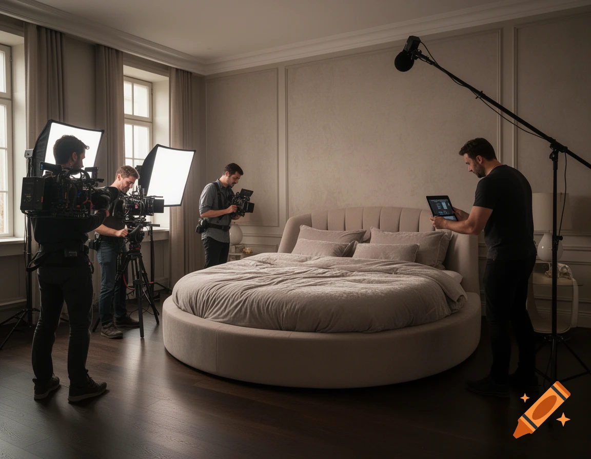 A film crew films a large round upholstered bed in a spacious, elegant bedroom with soft lighting.