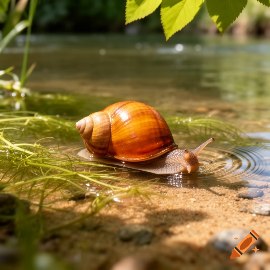 A photorealistic close-up of an orange-shelled snail in clear, shallow water with green aquatic plants.