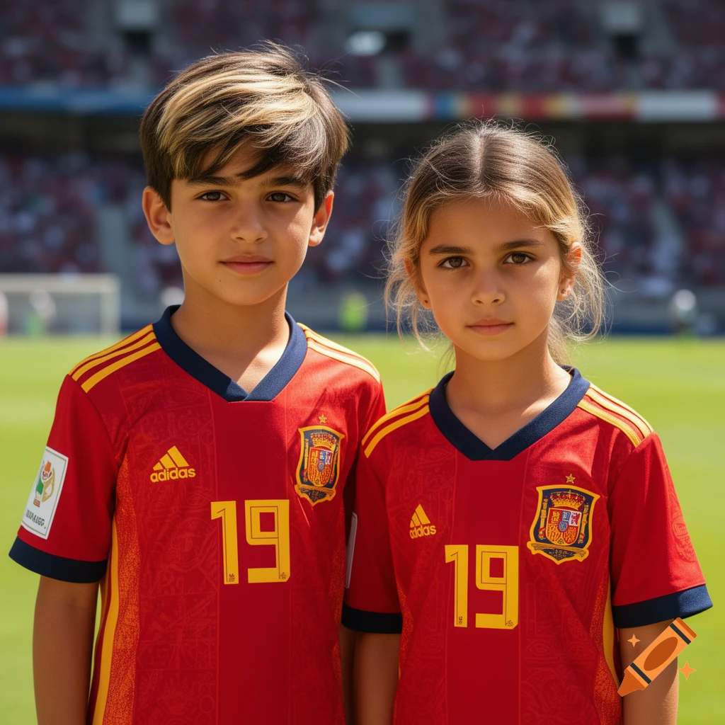 Two children wearing red Spain national soccer team jerseys with the number 19 on a sunny soccer field.