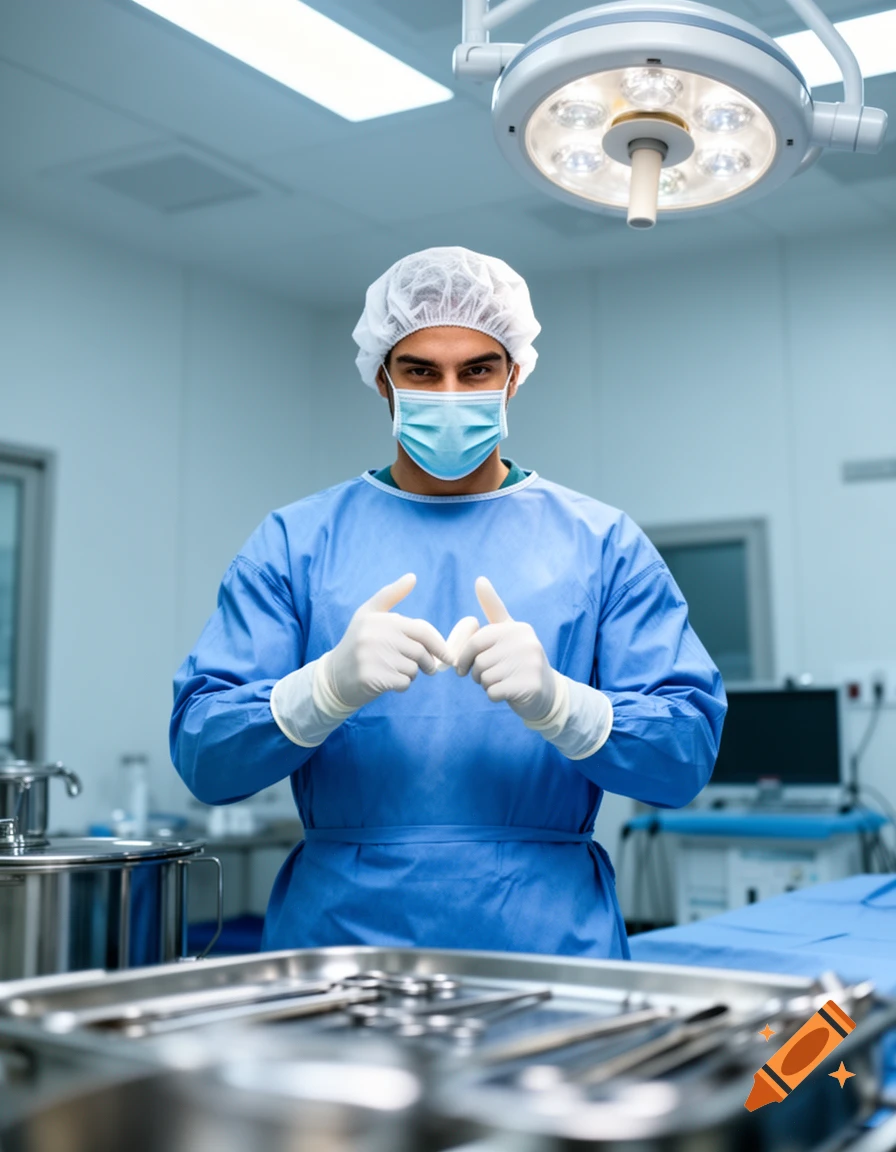 Photorealistic image of a male surgeon in blue scrubs, surgical cap, mask, and white gloves, posing in an operating room with medical equipment.