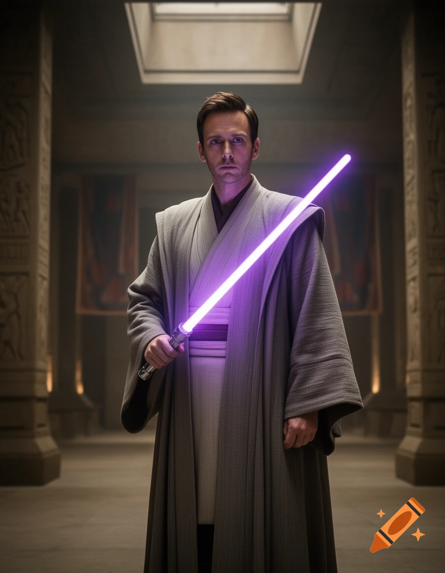 David Tennant as a Jedi in a gray robe, holding a glowing purple lightsaber in a grand temple.