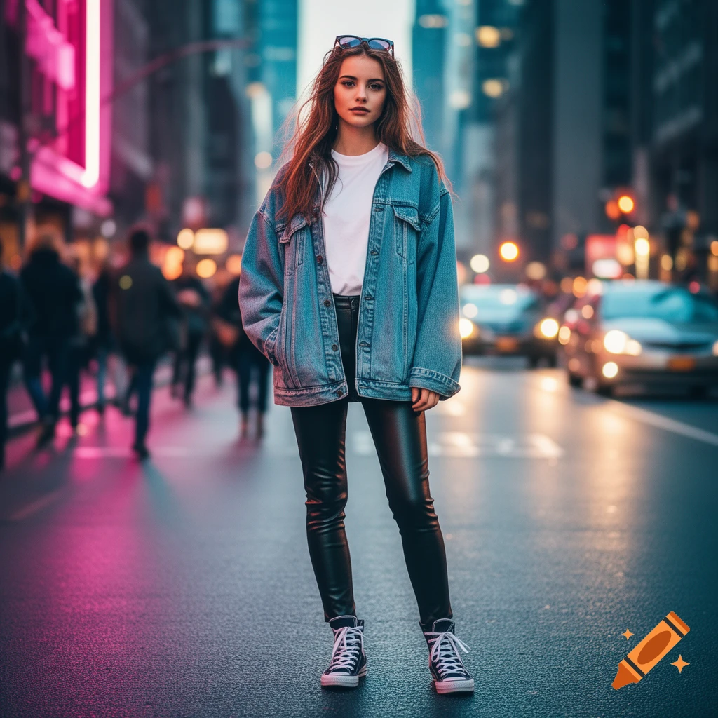 Young woman in a denim jacket and leather pants stands on a vibrant city street at night with neon lights. Photorealistic.