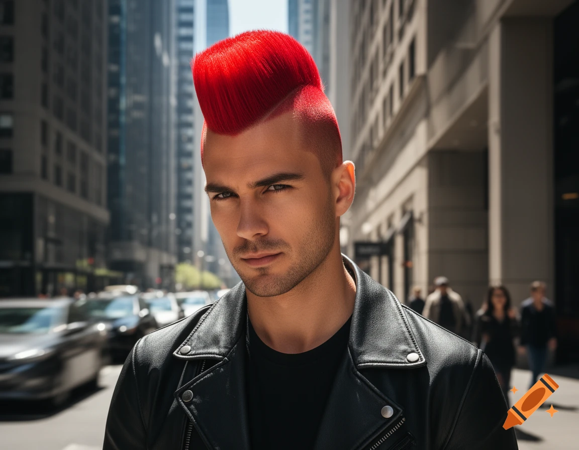 A man with a vibrant red mohawk and a black leather jacket stands on a city street, looking at the viewer.