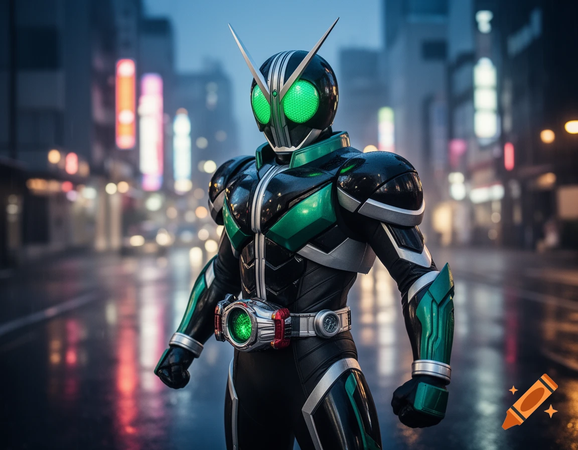A black and green armored superhero with glowing green eyes stands on a wet city street at night, blurred neon lights in the background.