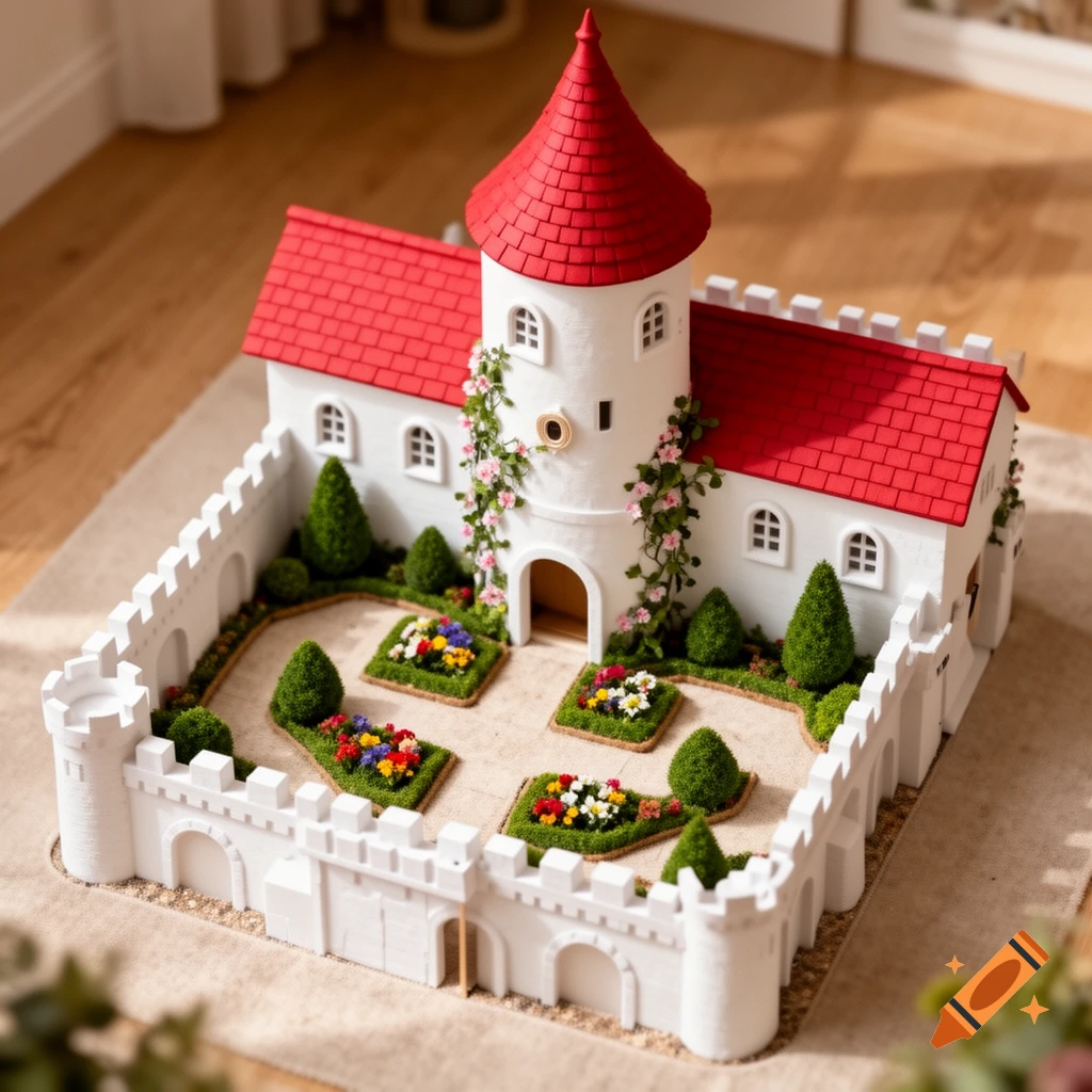 A detailed, high-angle shot of a white miniature castle model with a red conical roof, a walled courtyard, and small gardens.