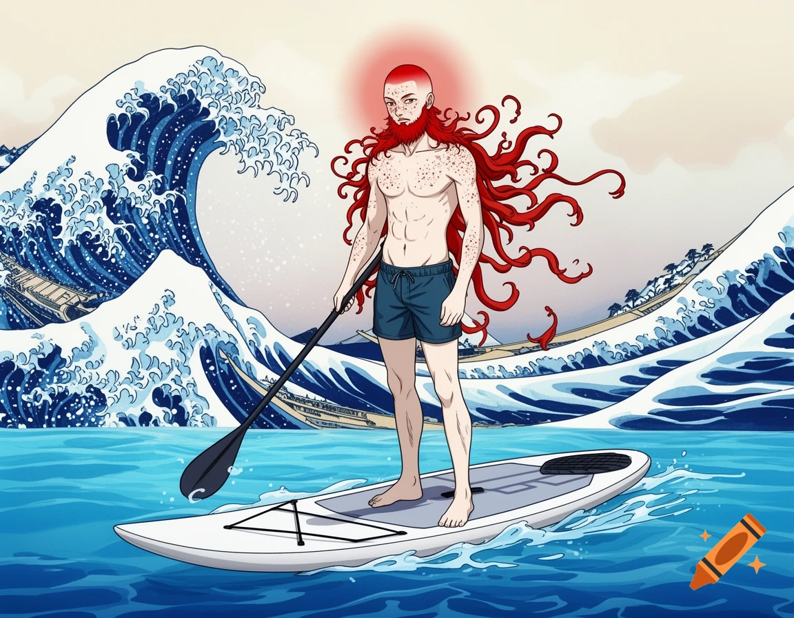 An anime-style man with tentacle-like red hair and beard paddleboarding in front of a large Hokusai-inspired wave.