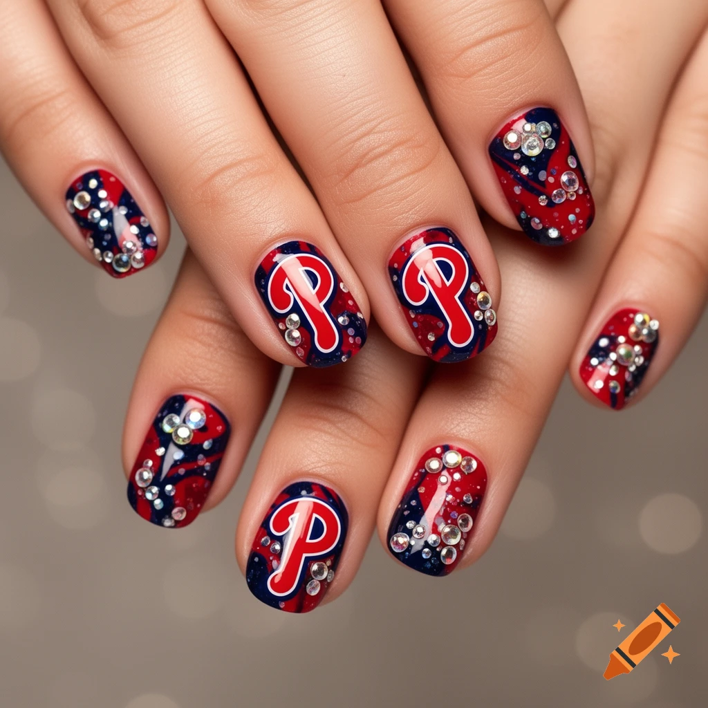 Close-up of hands with red, white, and blue nails featuring the Phillies 'P' logo and sparkling rhinestones.