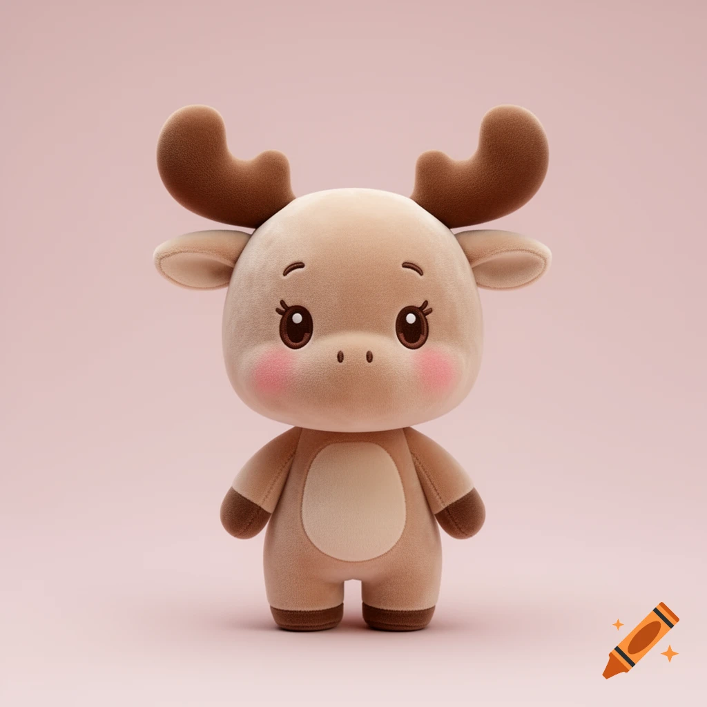 A cute chibi-style plush toy moose with small rounded antlers, big kind eyes, and blushing cheeks, against a solid pastel pink background. 3D render.