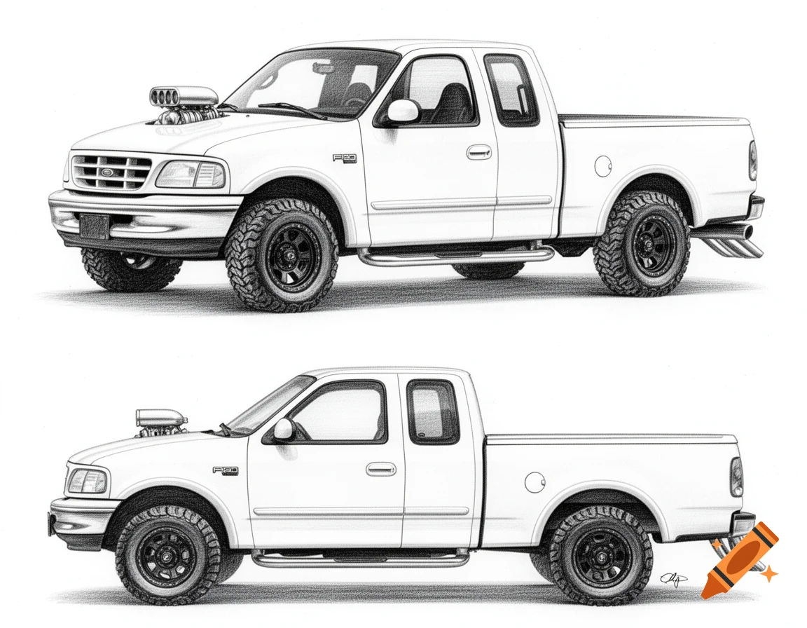 Two detailed pencil sketches of a white 1997 Ford F-150 XLT extended cab pickup truck with a supercharger and modifications.