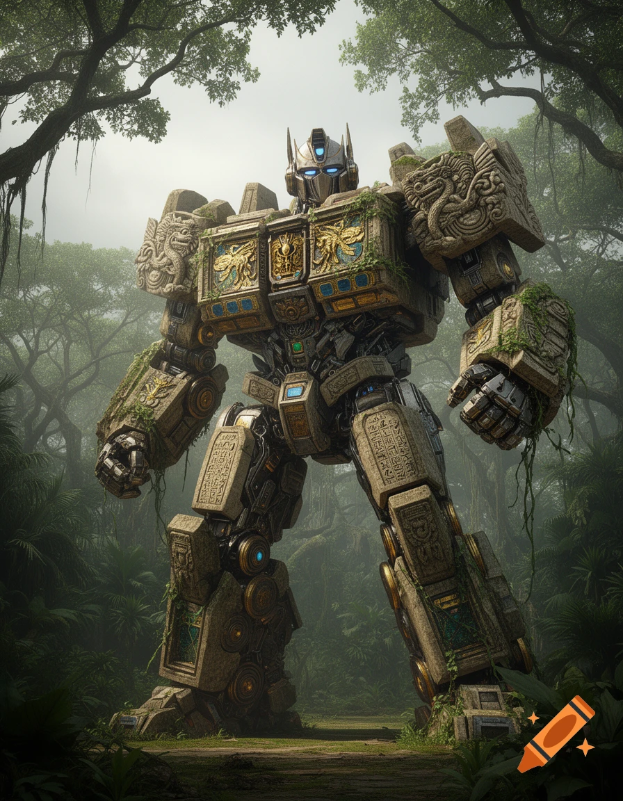 A large, moss-covered stone and metal transformer robot stands in a lush, misty jungle, adorned with ancient carvings.