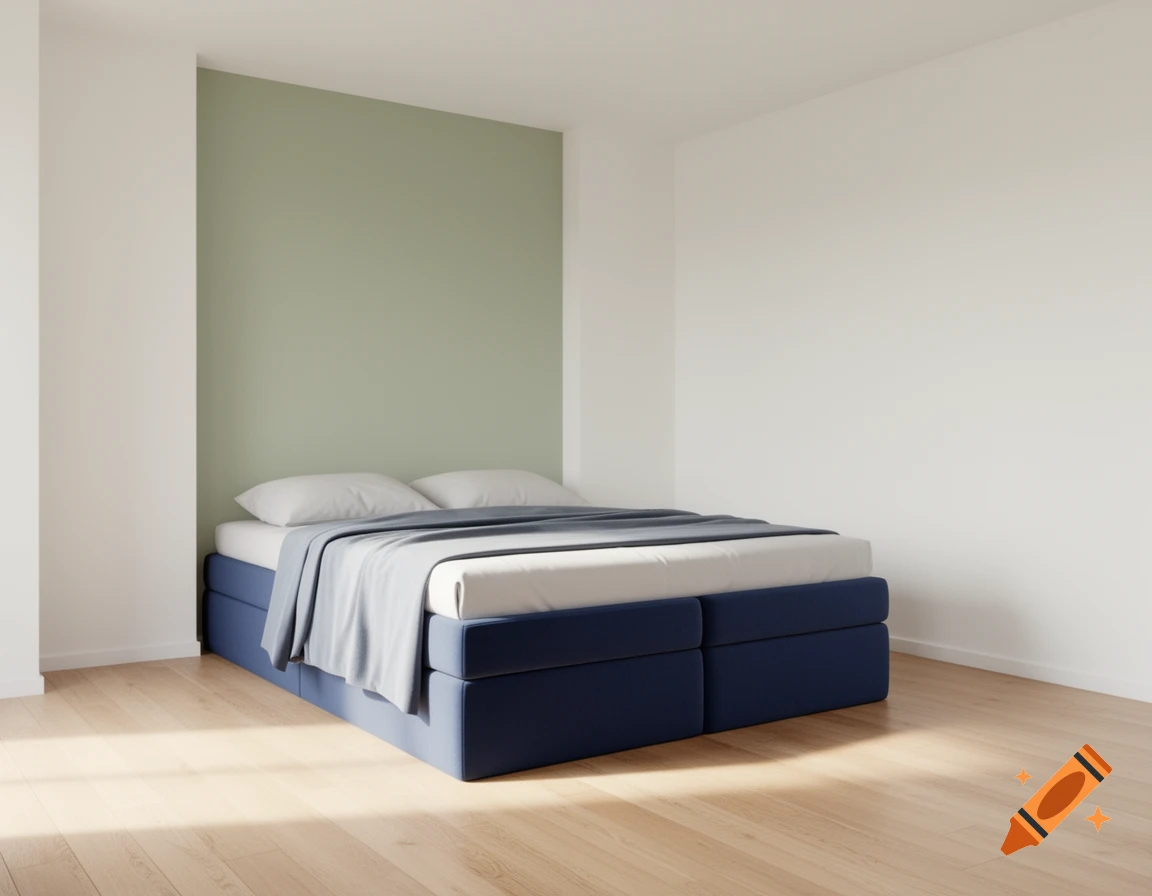 A photorealistic image of a room with light wooden floor, white walls, and a sage green accent wall behind a blue box spring bed.