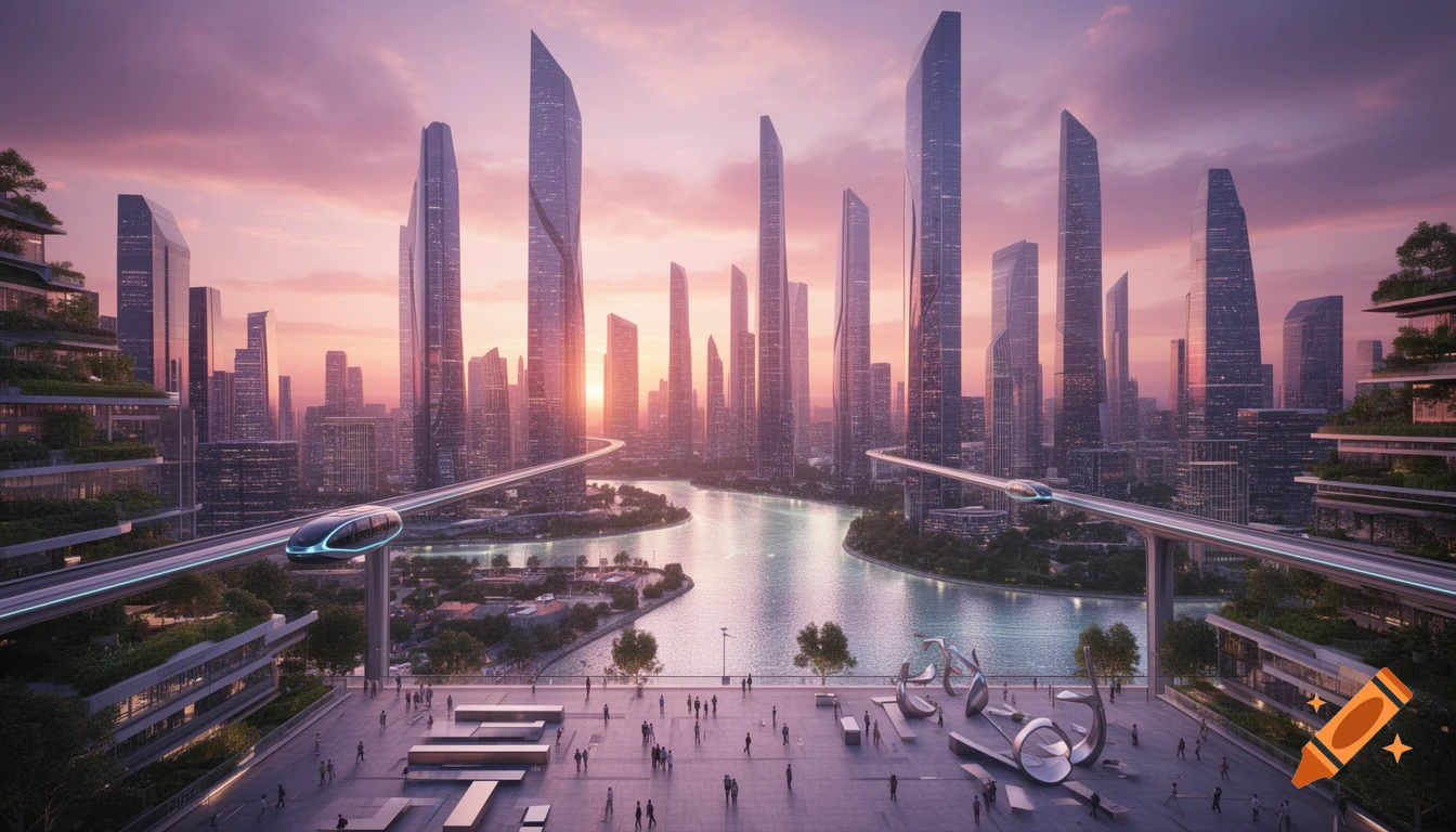 Photorealistic futuristic cityscape at sunrise with tall skyscrapers, a river, and an elevated monorail, viewed from a plaza with people.
