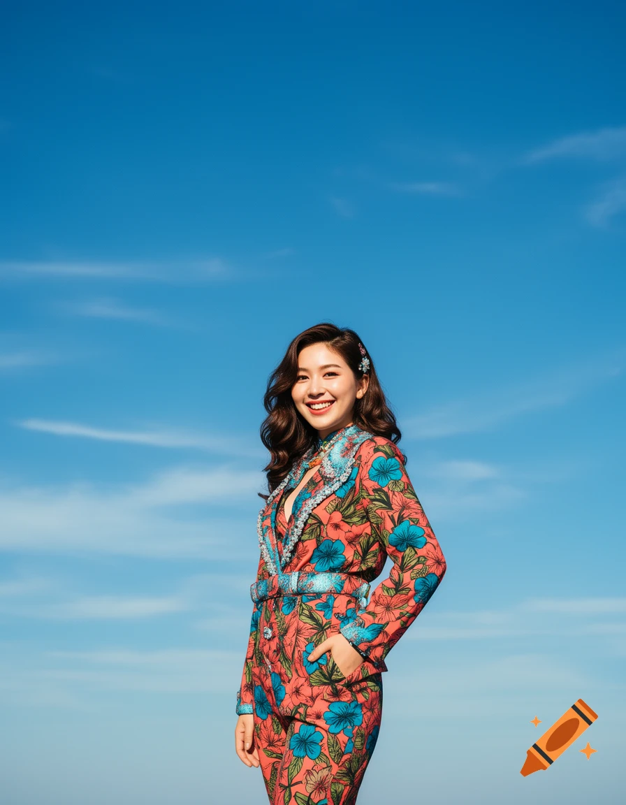 A smiling woman in a vibrant floral suit with blue accents stands against a clear blue sky.
