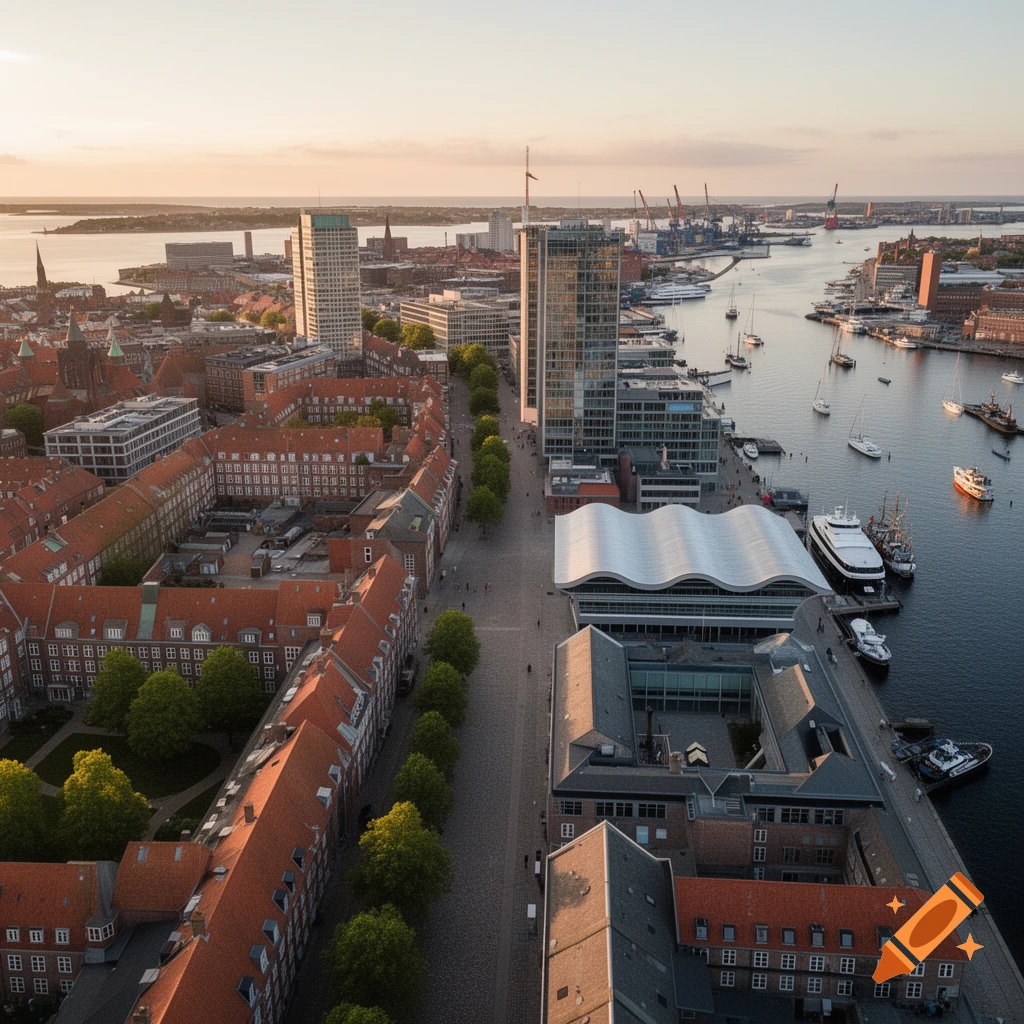 Aerial view of a city at sunset, showing red-roofed buildings, a waterfront with boats, and modern architecture.