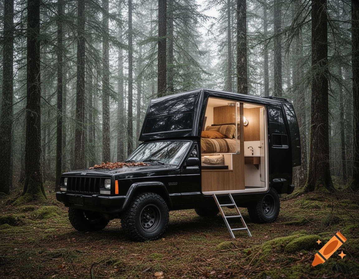 A black Jeep Cherokee modified into a camper van, revealing a lit bedroom and bathroom interior, parked on a mossy forest floor.