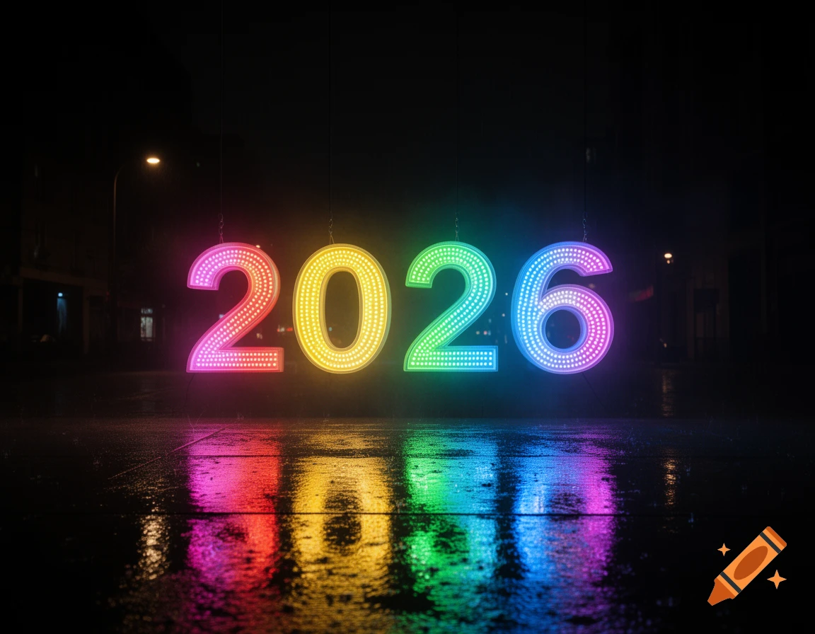 The year 2026 spelled out in bright rainbow LED lights, reflected on a wet, dark street at night.