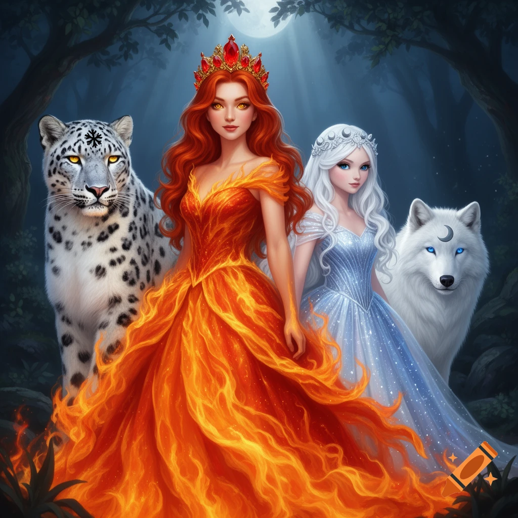 Two fantasy princesses, one in an orange fire dress, the other in a sparkling blue dress, stand with a snow leopard and a white wolf in a magical moonlit forest.