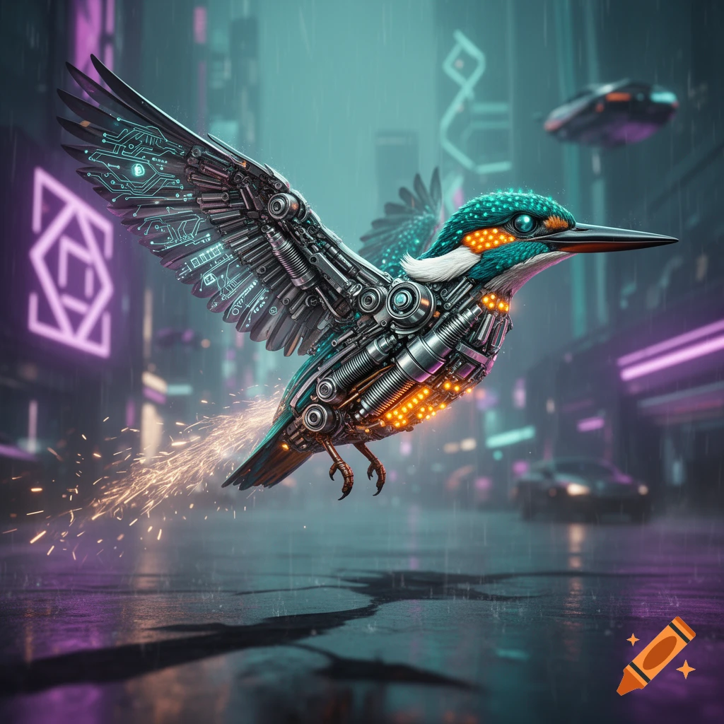 A detailed cyberpunk kingfisher made of metal and circuits with glowing lights flies over a wet street in a neon-lit city.