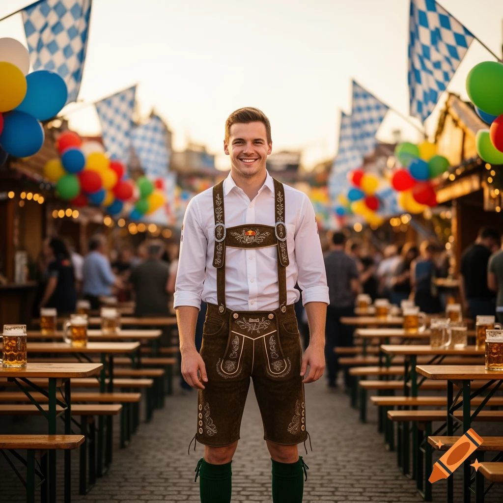A smiling man in brown lederhosen and a white shirt stands in an outdoor Oktoberfest setting with flags and beer tables.