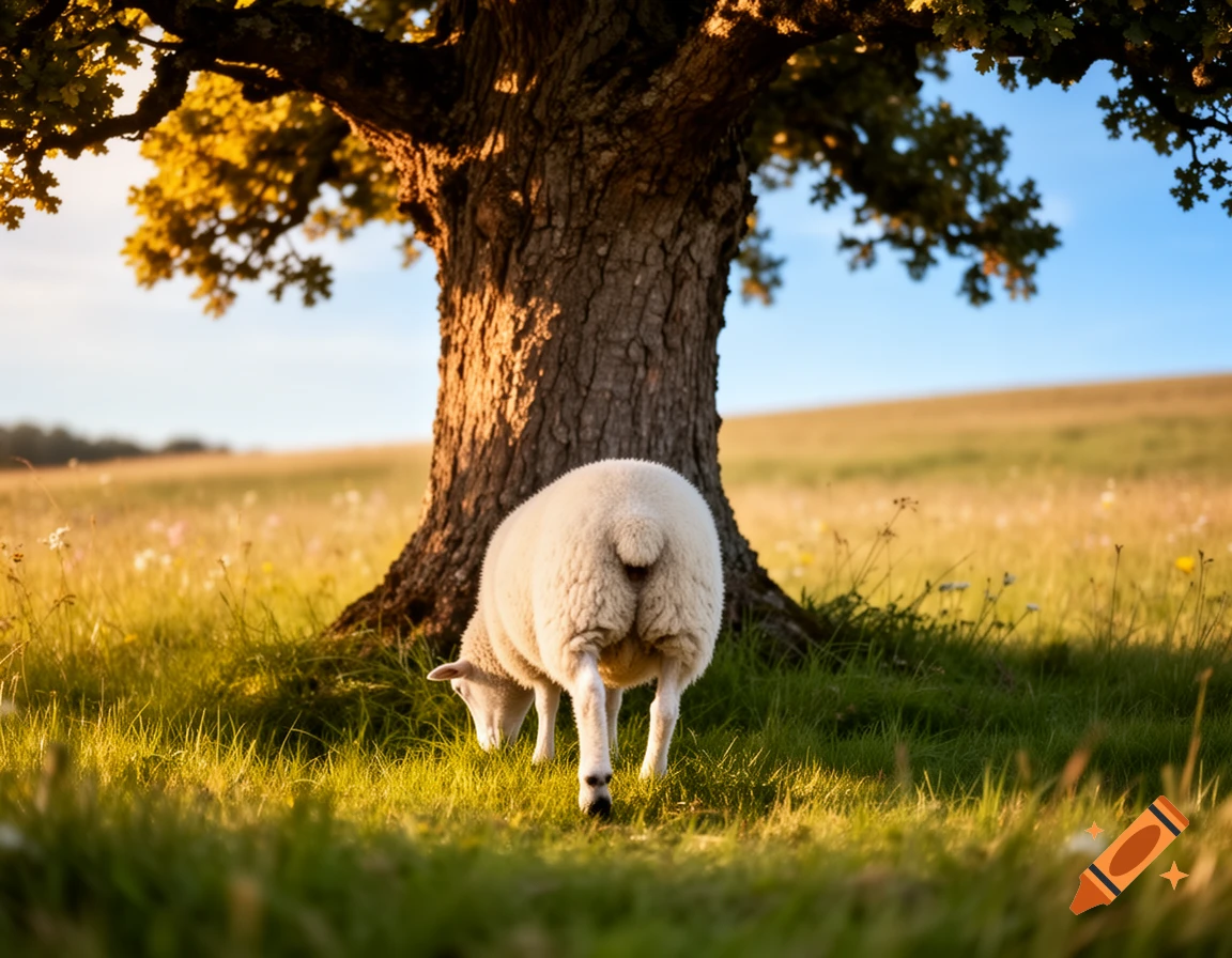 A white sheep with its back turned grazes under a large tree in a sunny, green field.