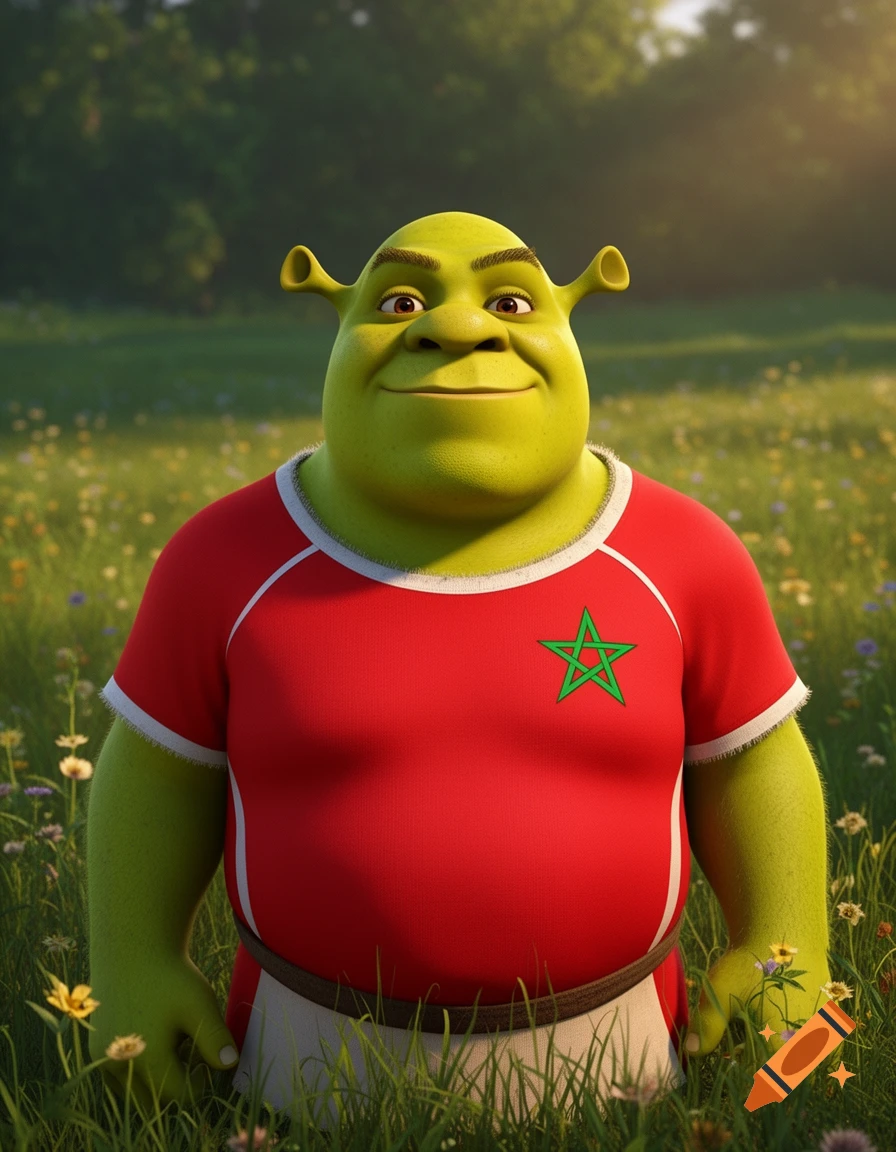 Shrek smiles in a red Moroccan football jersey, standing in a sunny grassy field with wildflowers.