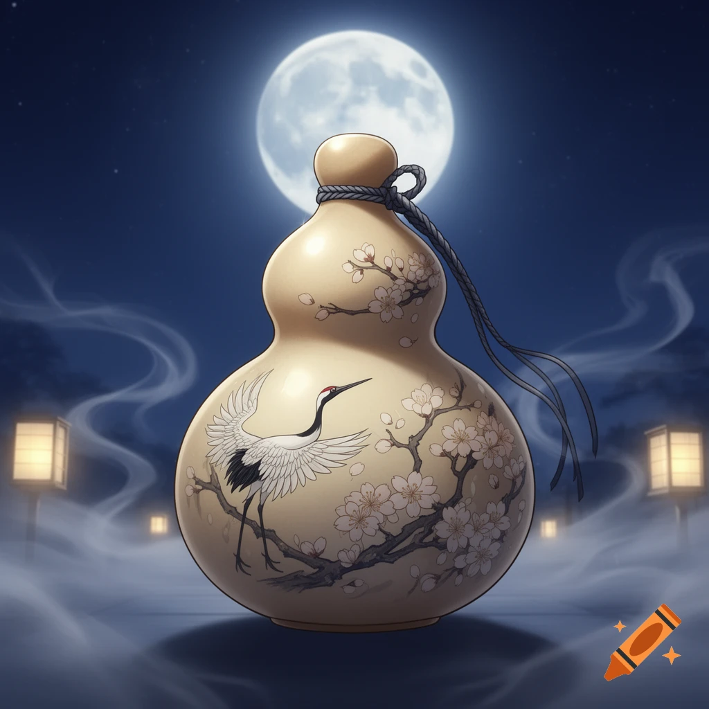Anime sake gourd decorated with a crane and cherry blossoms, under a full moon in a night scene with lanterns.