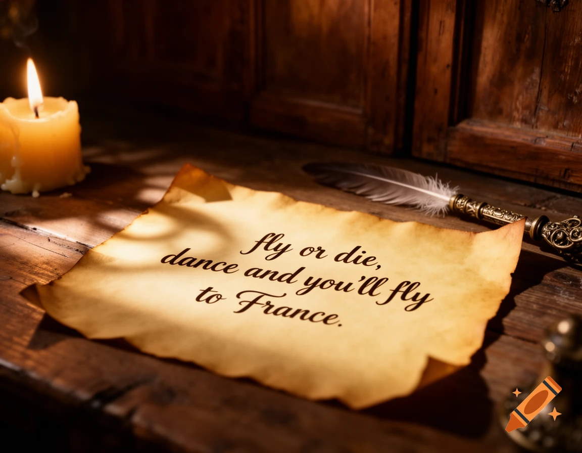 Antique parchment paper with the text 'fly or die, dance and you'll fly to France', a burning candle, and a quill pen on a wooden desk.