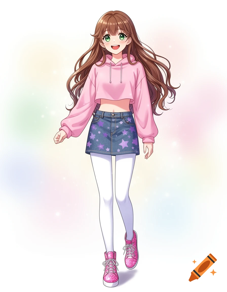 A cheerful young woman in Manhwa art style, with long brown hair, green eyes, pink cropped hoodie, star denim skirt, white tights, and pink sparkly shoes.