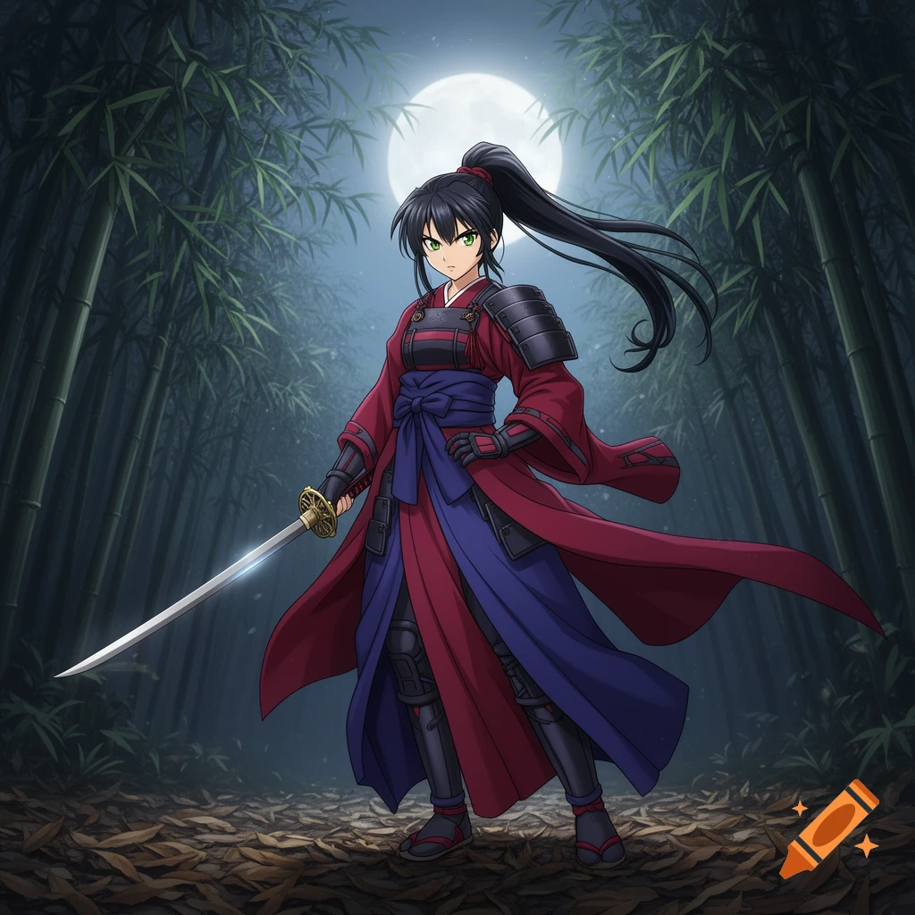 Anime girl samurai in red and blue armor, holding a katana in a bamboo forest under a full moon.