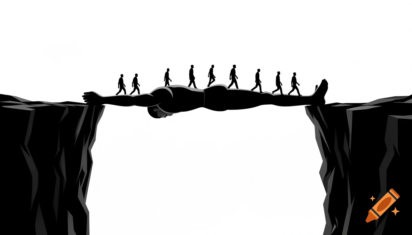 Minimalist vector illustration of a giant figure bridging two cliffs for smaller people to cross, symbolizing teamwork.