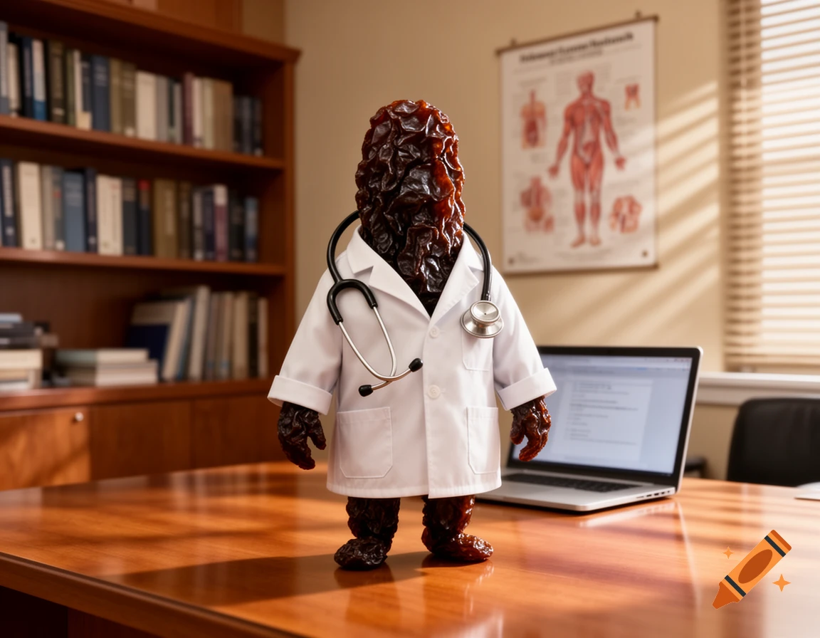 A photorealistic dried currant figure dressed as a doctor with a white lab coat and stethoscope stands on a wooden desk in an office.
