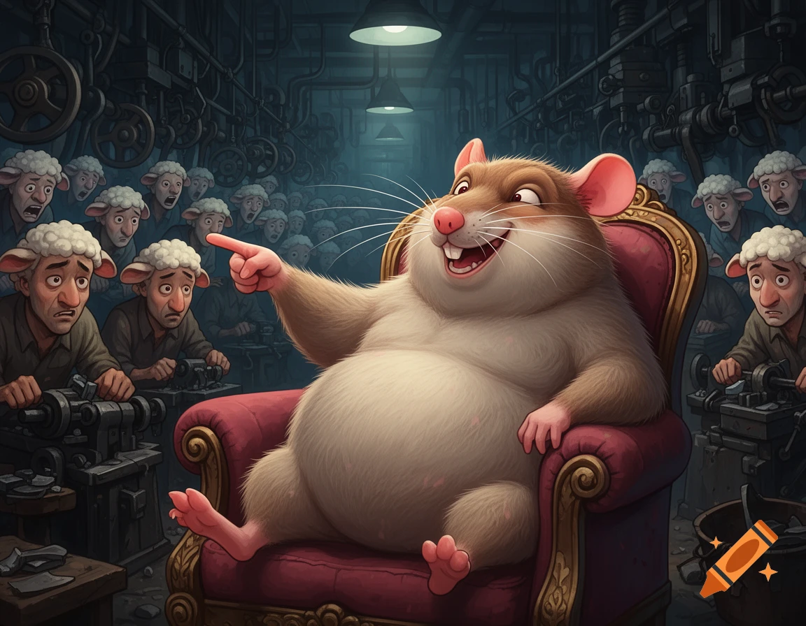 A fat, grinning cartoon rat in a chair points at a factory full of sad, sheep-headed workers.