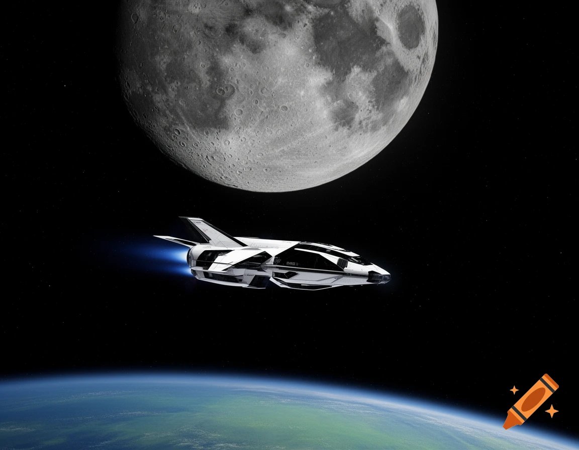 A white and black futuristic spaceship with a blue exhaust plume flies between a large, cratered moon and the blue-green curve of Earth in deep space.
