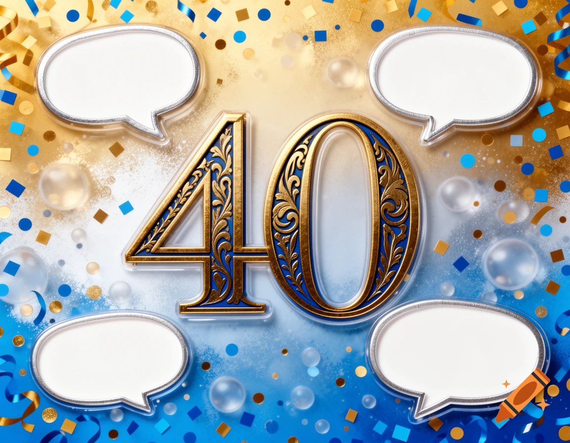 A vibrant birthday card design featuring a large, ornate golden and blue "40" surrounded by four empty speech bubbles and confetti.